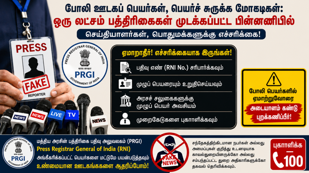 போலி ஊடகப் பெயர்கள், பெயர்ச் சுருக்க மோசடிகள்: ஒரு லட்சம் பத்திரிகைகள் முடக்கப்பட்ட பின்னணியில் செய்தியாளர்கள், பொதுமக்களுக்கு எச்சரிக்கை..!